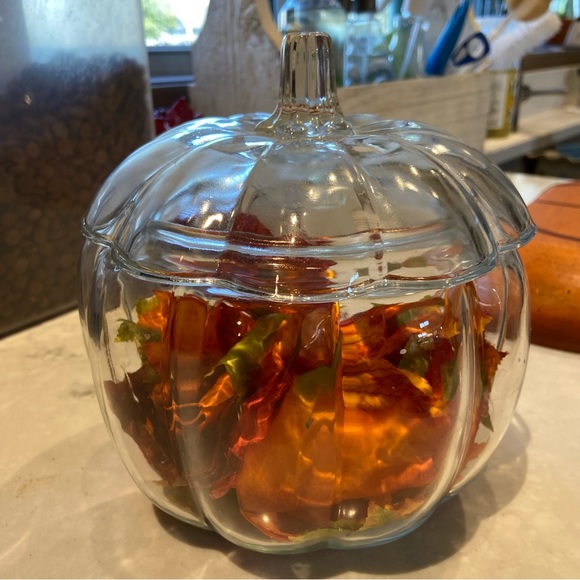 Other - EUC Autumn Fall Glass Pumpkin Jar Dish Home Decoration with Removable Lid Decor